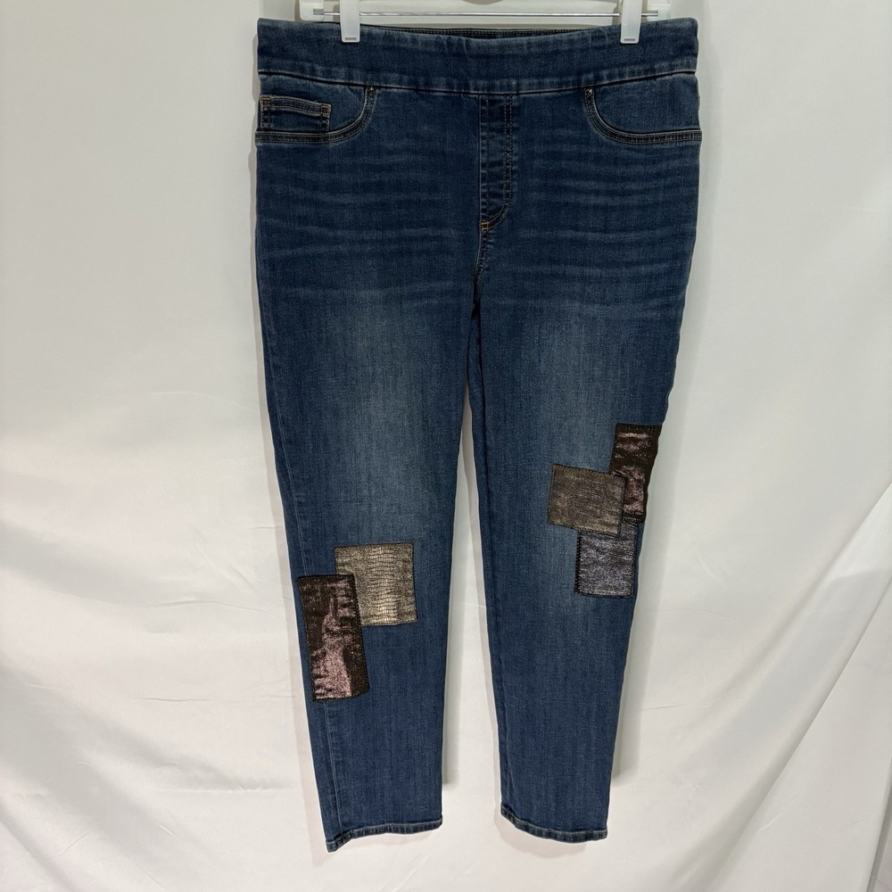 Chico's Pull On Jegging Ankle Jeans 8R Medium Wash Patchwork Metallic Blue Denim